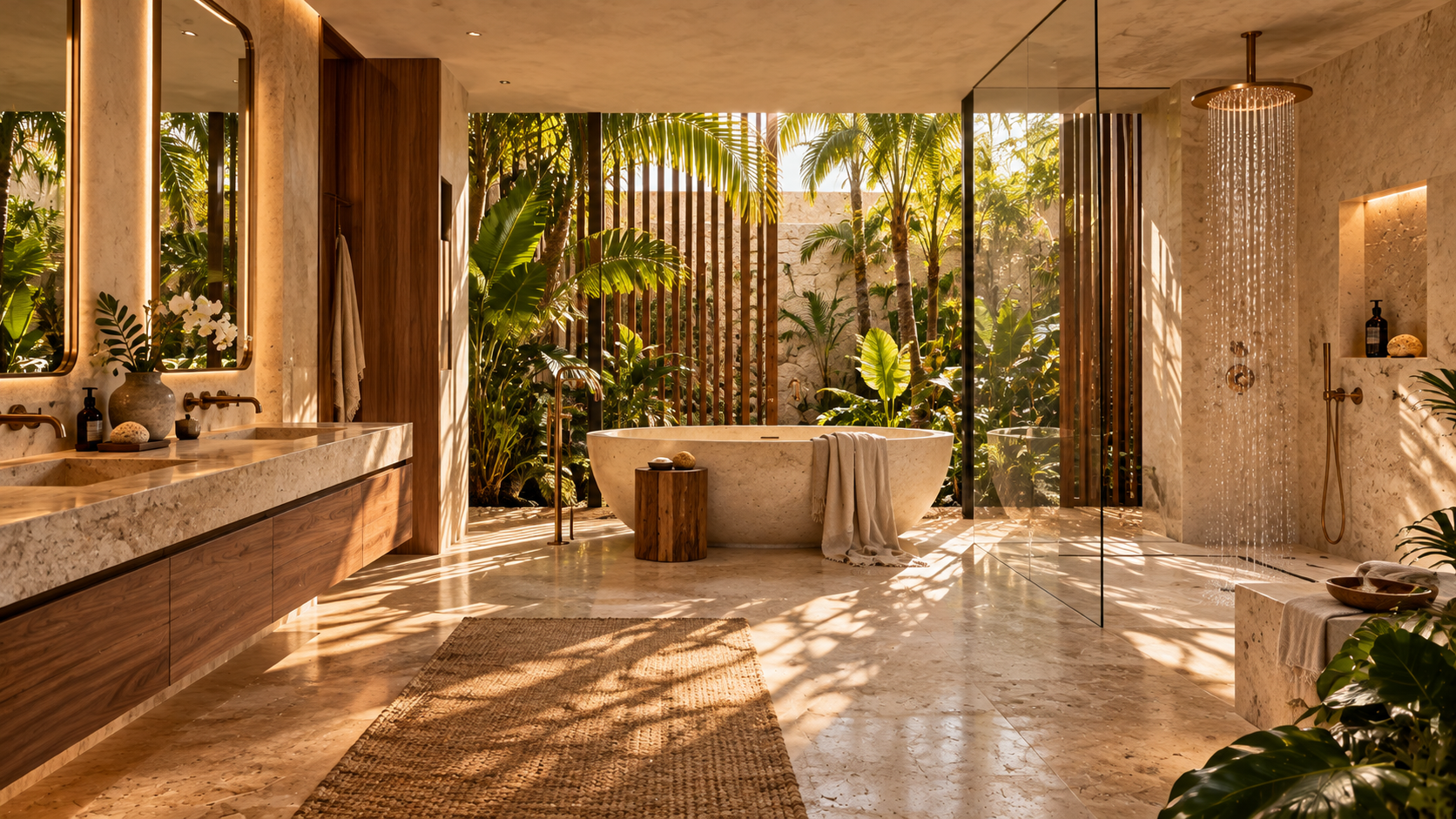 Warm stone primary bathroom opening to a private tropical courtyard