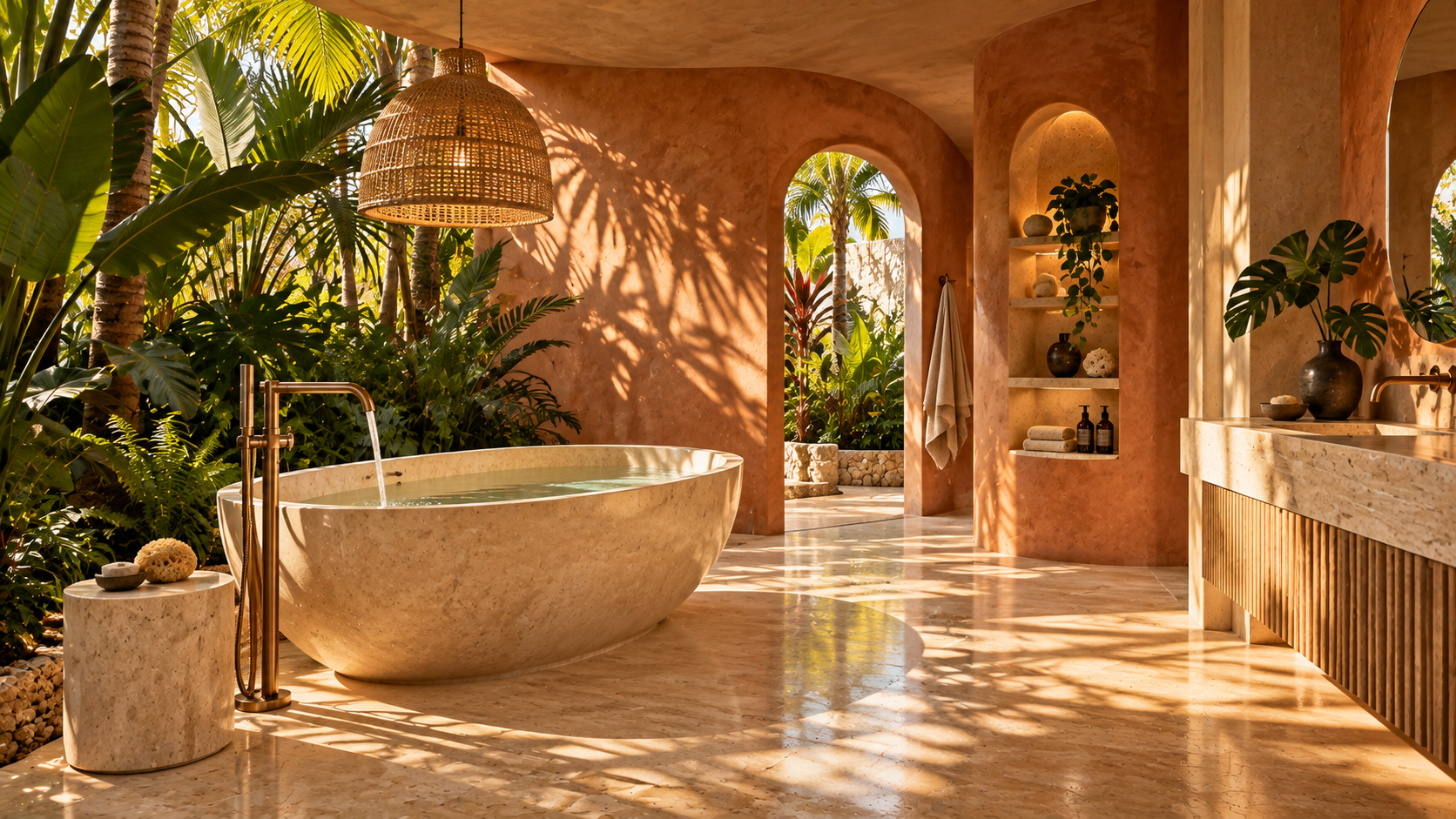Exotic terracotta bathroom with a sculptural stone tub and tropical garden