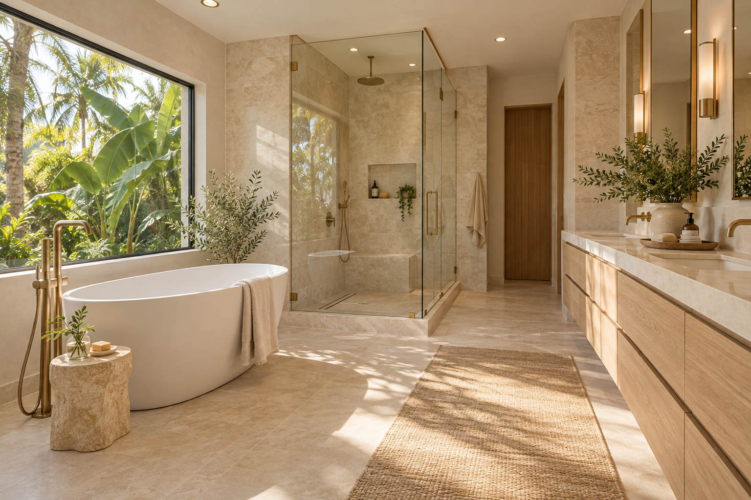 Warm luxury primary bathroom with a soaking tub, glass shower, and natural wood vanity